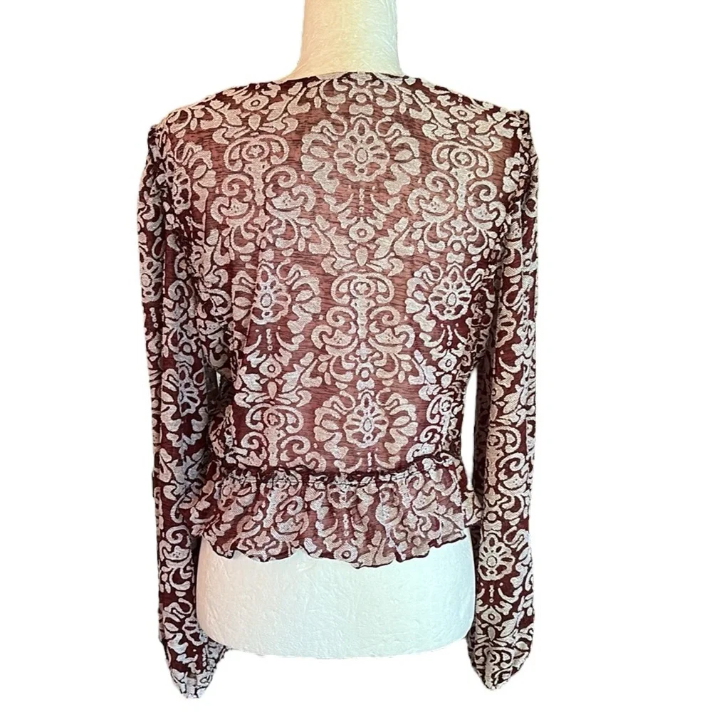 Anthropologie Brown Jacquard Ruffle Cropped Peasant Blouse - L